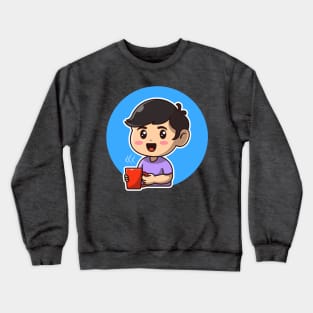 Cute Boy Holding Hot Coffee Cartoon Crewneck Sweatshirt